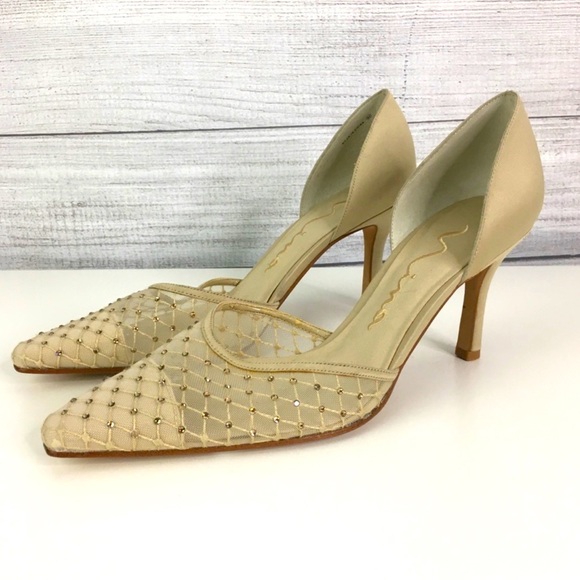 Nina Rhinestone Heels 7.5 Champagne Stiletto Lace - Picture 1 of 7